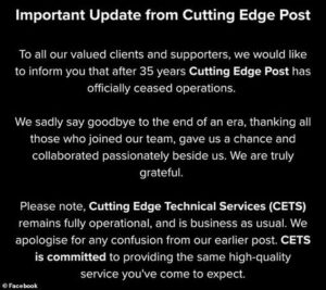 Cutting Edge Post, o importantă casă de post- producție de la Hollywood, a intrat în faliment. Aceasta a lucrat pentru pelicule precum Aquaman și Pirații din Caraibe